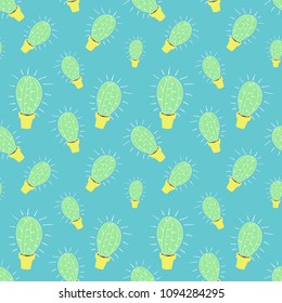 home blossom green cactus in yellow pot in doodle style, flat cartoon colors, seamless pattern isolated on azure background, stock vector illustration