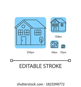 Juego de iconos lineales azules. hipoteca residencial. Cobertura del seguro inmobiliario. Ilustraciones vectoriales de línea delgada personalizables de 256, 128, 64 y 32 px. Símbolos de contorno. Trazo editable