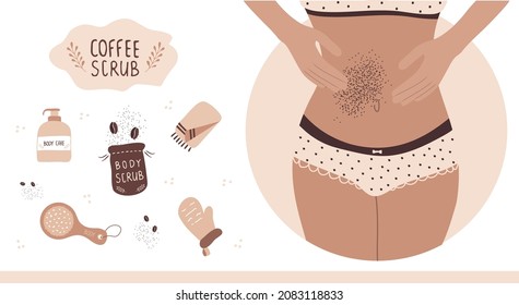 Home body care concept. Woman exfoliating belly with coffee scrub. Morning routine. Vector illustration in cartoon style.