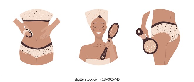 Home body care. Morning routine. Women with wooden cactus brushes. Cellulite treatment. Vector illustration in cartoon style.