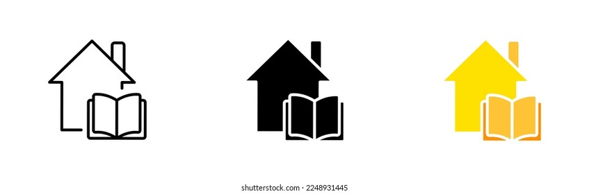 Home with book set icon. Book, phone, academic cap, cursor, laptop, home, student, computer, planet. Online education concept. Vector icon in line, black and colorful style