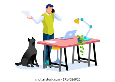 Home with boy working in isolation. Homes equipment to working home. Education on smart home for smart man, homes digital work. Clothes for homes life isolated cartoon character vector illustration