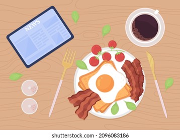 Home breakfast routine flat color vector illustration. Eating and checking news. English breakfast on plate on table. Top view 2D cartoon illustration with desktop on background collection