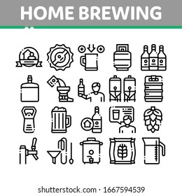 Home Brewing Beer Collection Icons Set Vector. Barrel And Bottle, Hops And Malt, Faucet And Opener Home Brewing Alcoholic Drink Concept Linear Pictograms. Monochrome Contour Illustrations