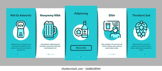 Home Brewing Beer Onboarding Mobile App Page Screen Vector. Barrel And Bottle, Hops And Malt, Faucet And Opener Home Brewing Alcoholic Drink Concept Linear Pictograms. Color Contour Illustrations