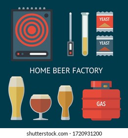 Home brewing factory production items. All you need for brew home made craft beer. Elements for home brewery. Mashing, cooling, fermentation, bottling. Creative vector collection.