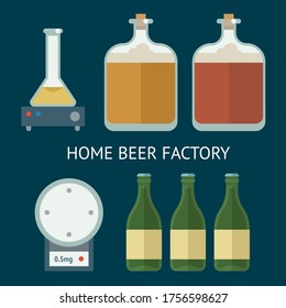 Home brewing factory production items. All you need for brew home made craft beer. Elements for home brewery. Mashing, cooling, fermentation, bottling. Creative vector collection.