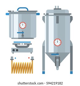 Home brewing factory production items. Main containers for brew home made craft beer. Elements for home brewery. Mashing, cooling, fermentation, bottling. Creative vector collection.