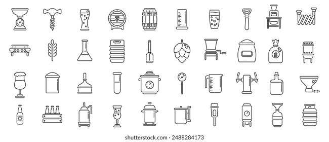 Home brewing icons set. Line icons showing the brewing process for beer, ale, lager, and other craft beverages