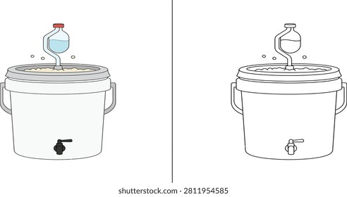 A home brewing setup with a fermentation bucket and airlock for making beverages