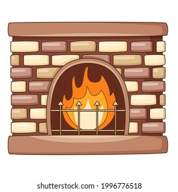 Home brick fireplace with a burning fire. Cozy home, a symbol of autumn. Design element with outline. Doodle, hand-drawn. Flat design. Color vector illustration. Isolated on a white background