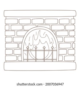 Home brick fireplace with a burning fire. Cozy home, a symbol of autumn. Design element with outline. Doodle, hand-drawn. Black white vector illustration. Isolated on a white background