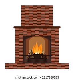 Home brick fireplace with fire. Heating and warming of  house, country estate. Classic stone fireplace with firewood.Hearth for cozy winter evenings. Flat illustration style. Isolated on white.