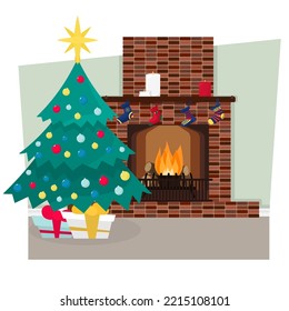 Home brick fireplace with fire.Heating, warming of house. Christmas tree with gift. Winter holidays. Classic stone fireplace with firewood.Christmas evenings.Flat illustration style.Isolated on white.