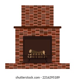 Home brick fireplace without fire. Classic stone fireplace with woodpile. Heating and warming of  house, country estate. Hearth for cozy winter evenings. Flat illustration style. Isolated on white.