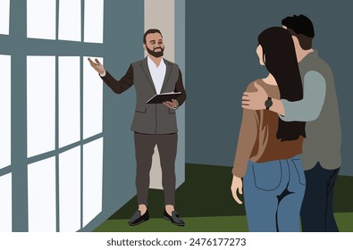 A home broker explains the condition of a home space to a young couples clients. Open house service and marketing concept