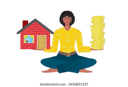 Home budget. Woman with house and coins. Isolated. Vector illustration.