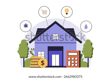 Home Budgeting and Monthly Expense Tracker Illustration. Vector Flat Illustration