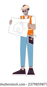 Home builder holding blueprint 2D linear cartoon character. African american male construction worker isolated line vector person white background. Present schematic house color flat spot illustration