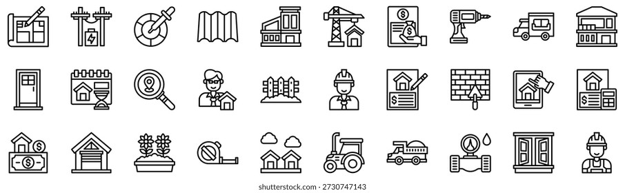 Coleção de ícones do Home Builder. Ilustração vetorial. Plano, Polo elétrico, Coletor de cores, Telhado, Casa moderna, Guindaste, Empréstimo, Broca, Caminhão de entrega, Casa, Porta, Calendário, Endereço. Vetor Pro	
