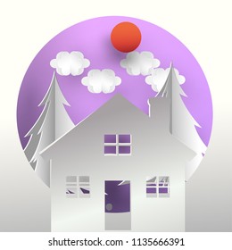Home building with Christmas tree with paper cut style vector element illustration.