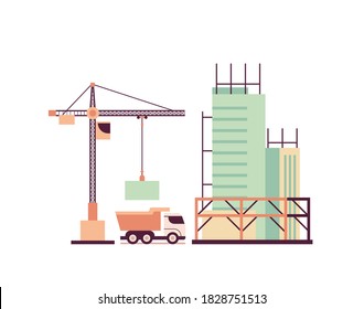 home building engineering concept crane and truck working on construction site horizontal vector illustration