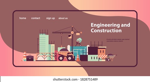 máquinas de concepto de ingeniería de construcción de viviendas construyendo casas que trabajan en el sitio de construcción copia horizontal espacio ilustración vectorial