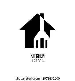 home building with frying spoon, fork, spatula, cuisine, kitchen utensil. restaurant and cafe logo with modern typography and simple unique design. used for brand, logo, symbol and icon.