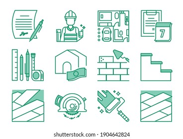 Icon-Set für den Hausbau mit Ingenieur, Papiervertrag, Plan, Terminplan, Stift, Bleistift, Tapezierung, Zahlung, Wandziegel, Wandfarbe, Treppe, Schneiden und Fußboden 