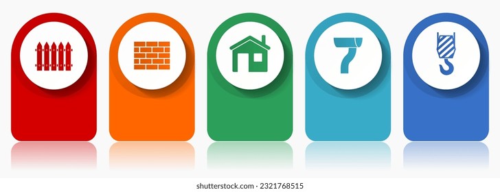 Icon-Set für Wohnhäuser, flaches Design verschiedene bunte Symbole wie Zaun, Ziegelwand, Haus, Rinne und Kranhaken für Webdesign und mobile Anwendungen, Infografik-Vektorvorlage für EPS10