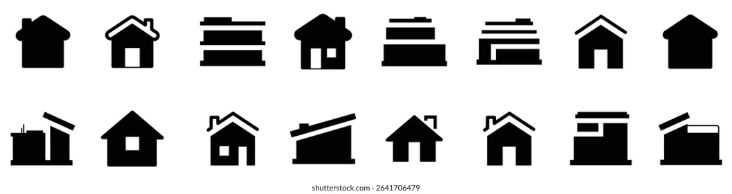 Home building icons in black. Set of simple house signs. Home construction icons. Real estate symbol collection. Black house icons