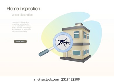 Inspektion des Hauses. Wunderbares Glas erkennt Risse an der Wand. Defektes Haus oder unqualifiziertes Gebäude. 3D-Vektorgrafik.