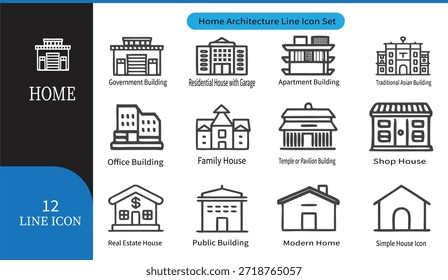 Home and building line icon set featuring modern, minimal outline symbols of houses, apartments, offices, shops, banks, temples, schools, and public buildings. Clean and simple vector style icons suitable for real estate, architecture, construction, property, web design, mobile apps, UI UX interfaces, and infographic projects.
