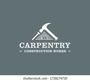 Home building logo design. Carpentry services vector design. Wooden house with hammer and nail logotype