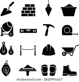 Home Building Masonry and Construction Worksite Icons Set - Solid Black Glyph Vector Collection