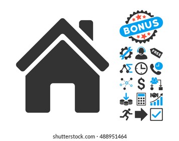 Home Building pictograph with bonus design elements. Vector illustration style is flat iconic bicolor symbols, blue and gray colors, white background.