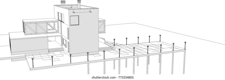 home building, scheme, sketch, 3d illustration
