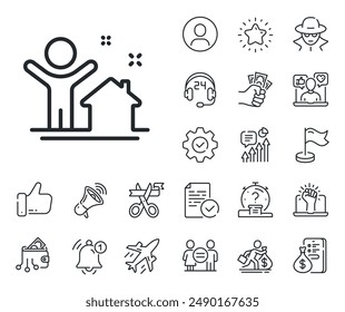 Home building sign. Salaryman, gender equality and alert bell outline icons. New house line icon. Buying real estate symbol. Buyer and his property. New house line sign. Vector