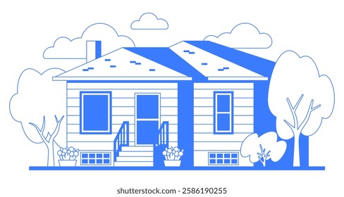 Home building vector line art illustration. Small cozy summer house graphic isolated on white background. Simple lifestyle of lower middle class. One color old vintage architecture. Editable stroke