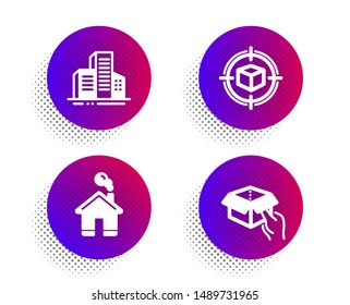 Home, Buildings and Parcel tracking icons simple set. Halftone dots button. Hold box sign. House building, City architecture, Box in target. Delivery parcel. Industrial set. Vector