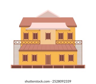 Casa construida en estilo salvaje oeste, exterior aislado, vista frontal de la casa. Dibujos animados planos de Vector, edificio antiguo en el oeste de América o Texas. Elementos arquitectónicos rústicos, ubicación de la calle del juego