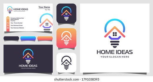 Home and bulb lamp logo design combination with line art style. Line logo with building icons and business card design