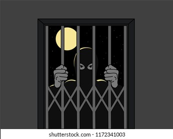 Home burglar proof security gate night scene of potential robber trying to enter a home. Crime includes all violent and non-violent crimes that take place in many households around the world.