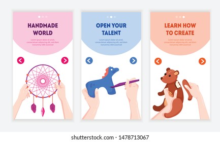 Home business ideas for artistic creative people handmade world 3 web vertical advertising banners isolated vector illustration 