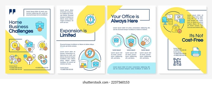 Home business issues blue and yellow brochure template. Freelance work. Leaflet design with linear icons. Editable 4 vector layouts for presentation, annual reports. Questrial, Lato-Regular fonts used