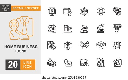 Home business line editable icon set. Office, freelance, startup, online, ecommerce and more line icons.