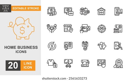 Home business line editable icon set. Employee, businessman, financial, ecommerce, freelance and more line icons.