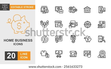 Home business line editable icon set. Employee, businessman, financial, ecommerce, freelance and more line icons.