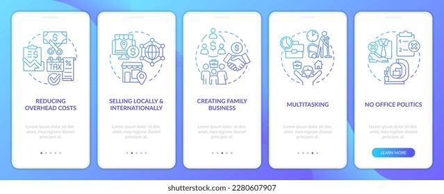 Home business pros pantalla de aplicación móvil con gradiente azul incorporado. Recorrido 5 pasos instrucciones gráficas editables con conceptos lineales. UI, UX, plantilla GUI. Multitud de tipos de letra Pro-Bold, con uso regular