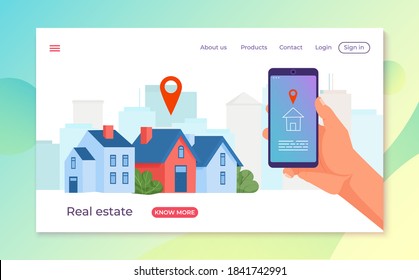 Home business, rent real estate house in smartphone design vector illustration. Property mobile concept, building icon in flat phone. Find apartment at screen technology, online sale in internet.